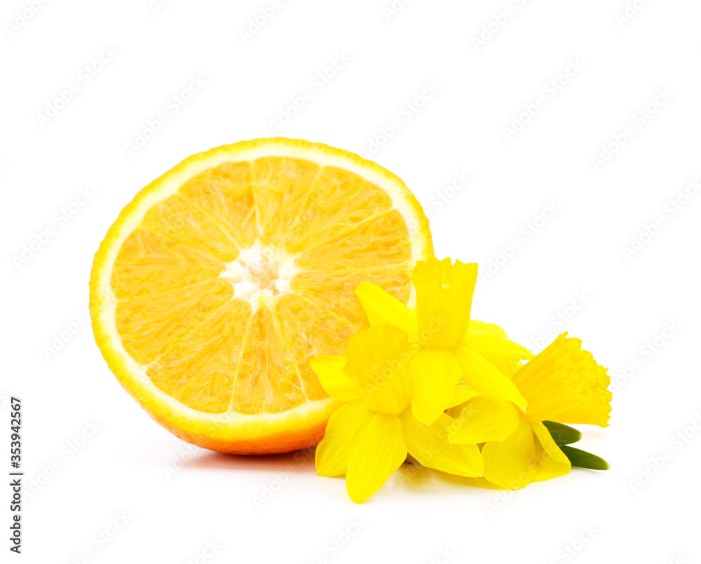 One sliced orange with daffodils. One sliced orange with daffodils.