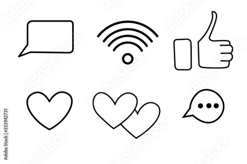 Set with hearts likes thumbs up social media platform flat vector illustration isolated on white background outline style design