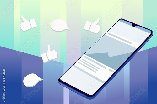 Black frameless smartphone with running app flat vector illustration with likes heart on blue and turquoise abstract background
