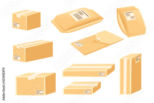 Set of different parcel packaging box set cardboard material flat vector illustration of white background