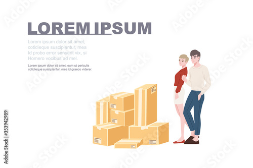 Man and woman standing near with different parcel packaging box cardboard material flat vector illustration of white background advertising flyer design