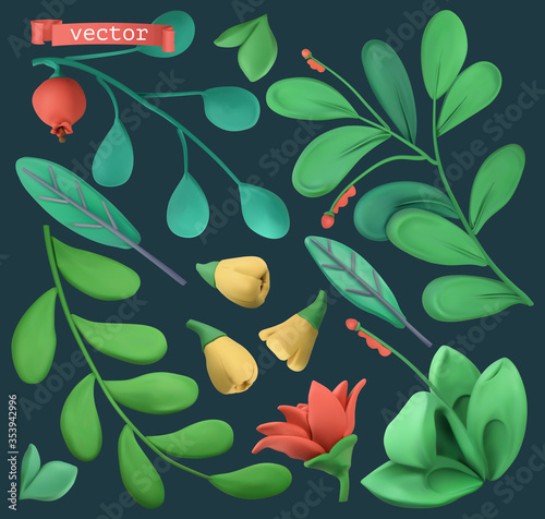Plants and flowers 3d objects set. Plasticine art illustration