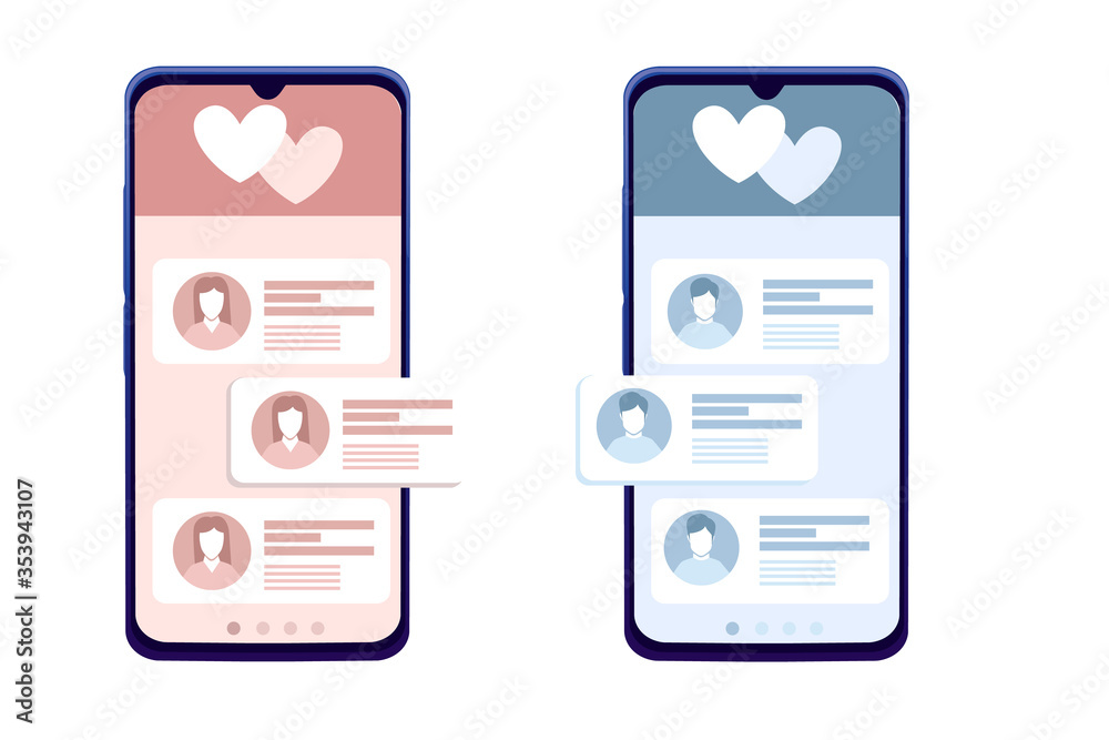 Black smartphone pink and blue chat app for messaging female and male theme style flat vector illustration on white background Black smartphone pink and blue chat app for messaging female and male theme style flat vector illustration on white background
