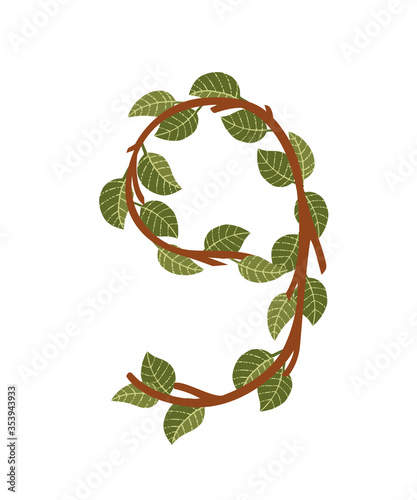 Number 9 brown tree branches with green leaves eco font flat vector illustration isolated on white background