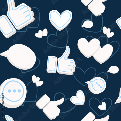 Seamless pattern with hearts likes thumbs up social media platform flat vector illustration on dark blue background