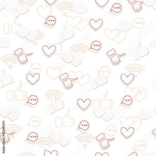 Seamless pattern with hearts likes thumbs up social media platform flat vector illustration on white background