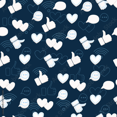Seamless pattern with hearts likes thumbs up social media platform flat vector illustration on dark blue background
