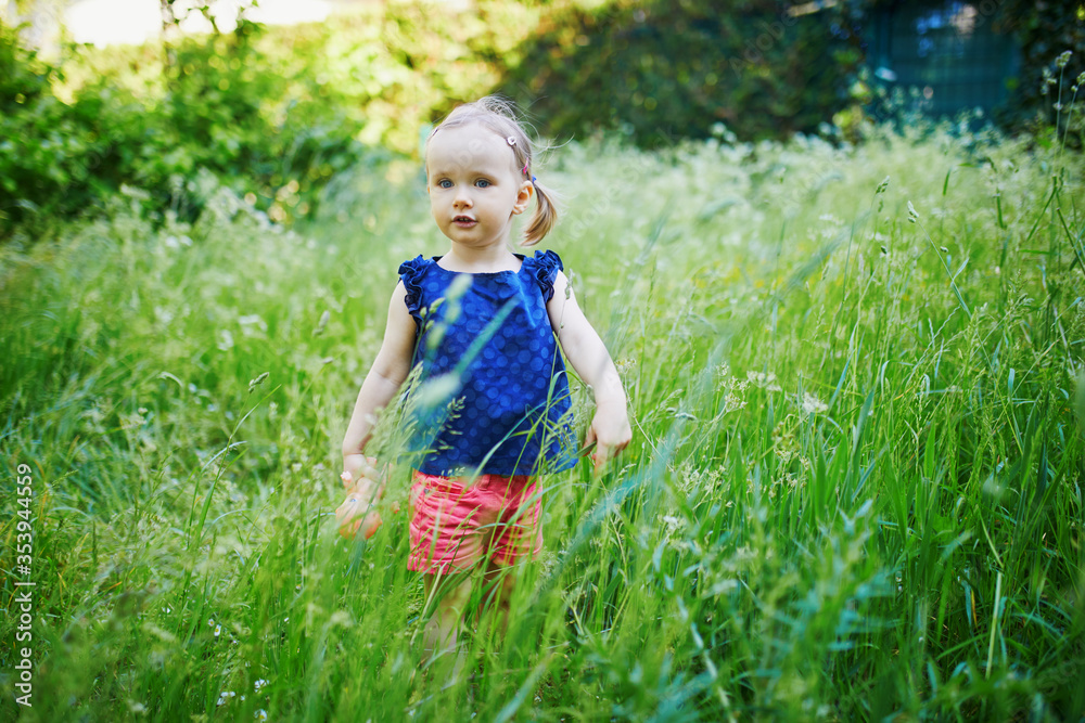 Adorable toddler girl walking in park or forest Adorable toddler girl walking in park or forest