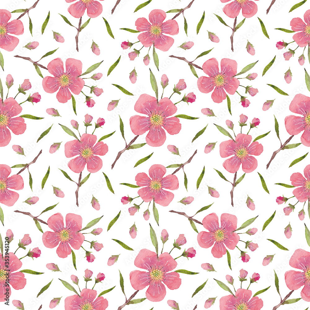 Seamless pattern from a hand-drawn watercolor pink flowers on a white background. Use for menus, invitations.