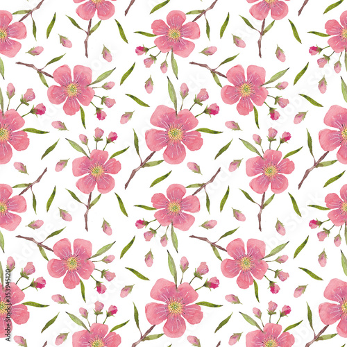 Seamless pattern from a hand-drawn watercolor pink flowers on a white background. Use for menus  invitations.