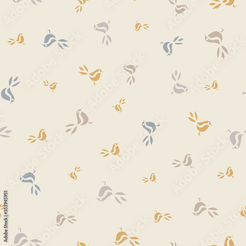 Simple birds seamless vector pattern in light colors. Animal themed surface print design. For backgrounds, fabrics, stationery, scrapbook paper, gift wrap, and packaging.