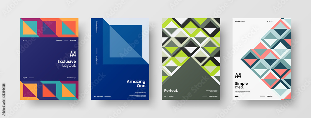 Company identity brochure template collection. Business presentation vector A4 vertical orientation front page mock up set. Corporate report cover abstract geometric illustration design layout bundle.