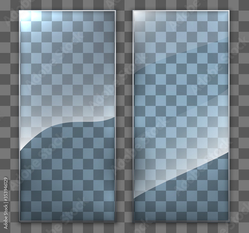Two glass plate on transparent background, clear glass showcase, realistic window mockup, acrylic and glass texture with glares and light, realistic transparent glass window in rectangle frame