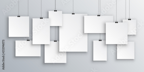 Concept gallery portfolio, photo frame paper, poster. Creative of blank posters hanging list with shadows. Hanging white paper on binders. A4 paper page, mockup, sheet on wall - stock vector