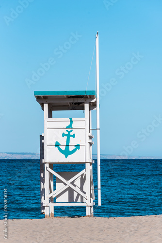 lifeguard booth, on the shores of Magaluf beach, Mallorca. 