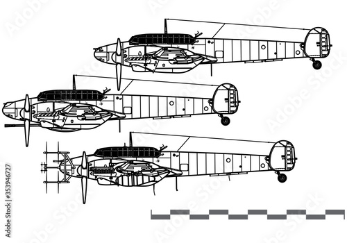 Messerschmitt Bf 110G. World War 2 Heavy fighter. Side view. Image for illustration and infographics. 