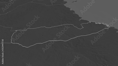 Mtwara, region with its capital, zoomed and extruded on the bilevel map of Tanzania in the conformal Stereographic projection. Animation 3D photo