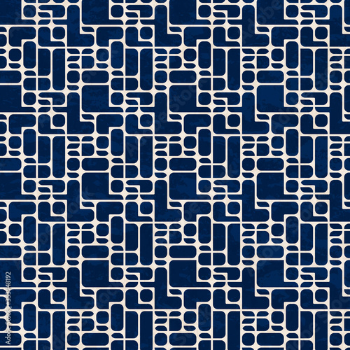 Abstract geometric grid pattern, design in ink blue and white colors, textured seamless vector illustration