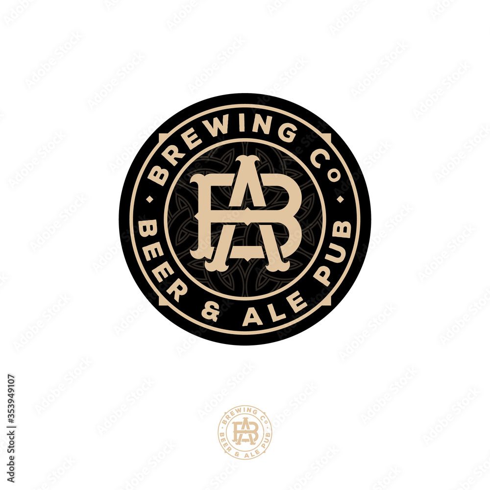 Beer and Ale logo. Beer Pub emblem. A and B crossing letters. Craft Beer logotype at engraving style. Vintage style with Celtic ornament.