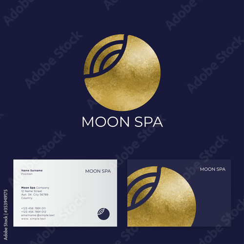 Moon spa logo. Hotel spa emblems. Golden moon and strips. Business card.