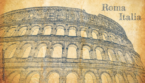 Colosseum in Rome, Italy, sketch on old paper