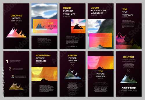 Creative social networks stories design, vertical banner or flyer template. Covers design templates for flyer, brochure. Background for tourist camp, nature tourism, camping. Aadventure design concept