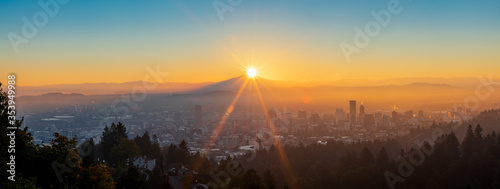 Sunrise over Downtown Portland Oregon and Mt Hood