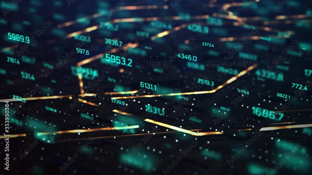 3D Render animation of AI Artificial intelligence in CPU chipset. Central processor unit and electric print circuit board with data traffic light on dark and grain processed