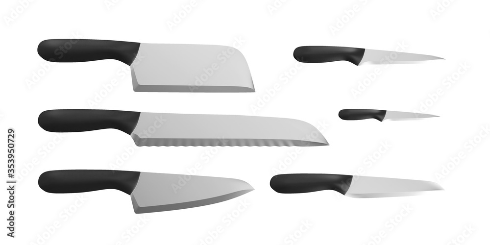 Big Set of different kitchen knifes with black handle and high-strength stainless steel blade isolated on white background Big Set of different kitchen knifes with black handle and high-strength stainless steel blade isolated on white background