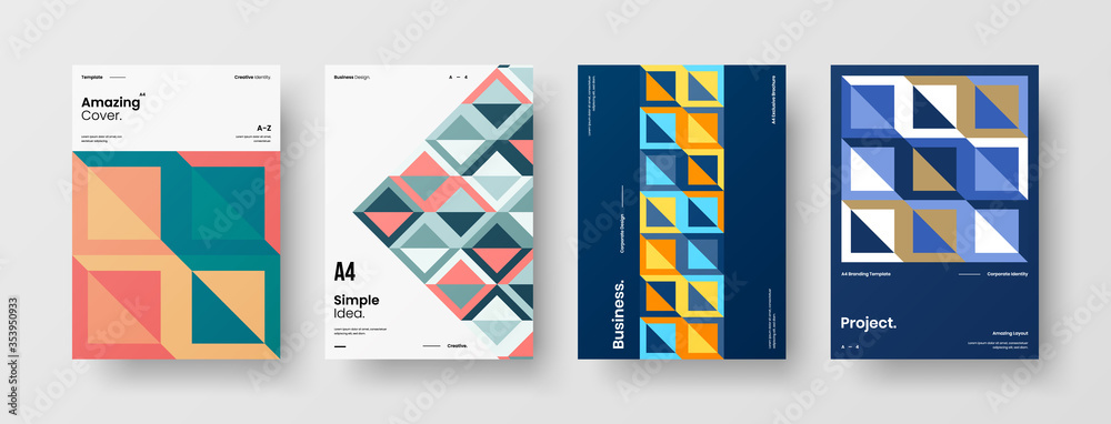 Company identity brochure template collection. Business presentation vector A4 vertical orientation front page mock up set. Corporate report cover abstract geometric illustration design layout bundle. Company identity brochure template collection. Business presentation vector A4 vertical orientation front page mock up set. Corporate report cover abstract geometric illustration design layout bundle.