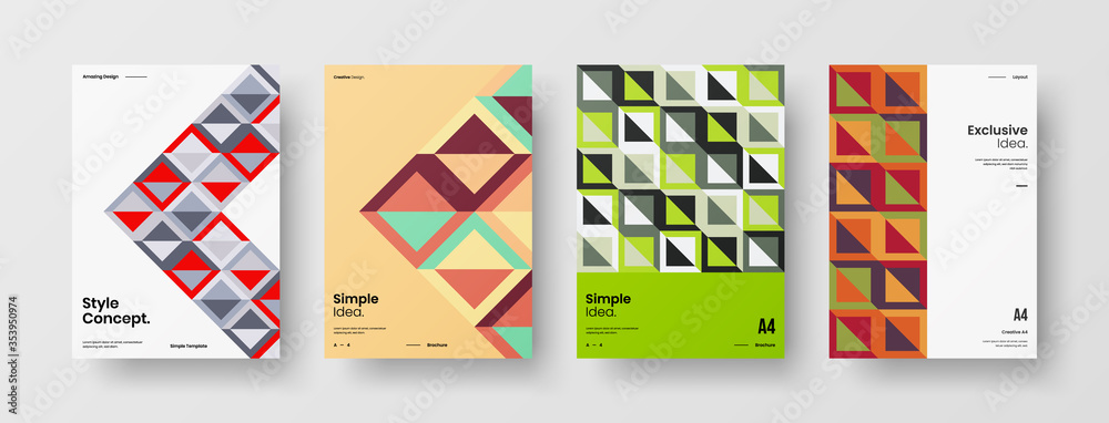 Company identity brochure template collection. Business presentation vector A4 vertical orientation front page mock up set. Corporate report cover abstract geometric illustration design layout bundle. Company identity brochure template collection. Business presentation vector A4 vertical orientation front page mock up set. Corporate report cover abstract geometric illustration design layout bundle.