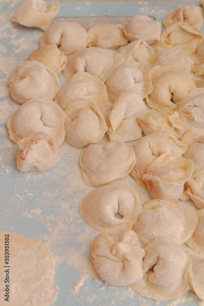 Homemade dumplings are put together on a Board in the kitchen Homemade dumplings are put together on a Board in the kitchen
