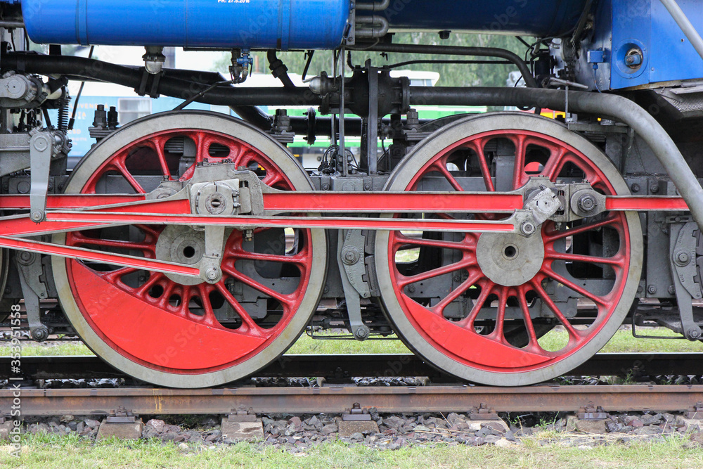 Bratislava, Slovakia. 2016/6/19. The wheel machinery of a locomotive. Exhibition of old locomotives and trains. Bratislava, Slovakia. 2016/6/19. The wheel machinery of a locomotive. Exhibition of old locomotives and trains.