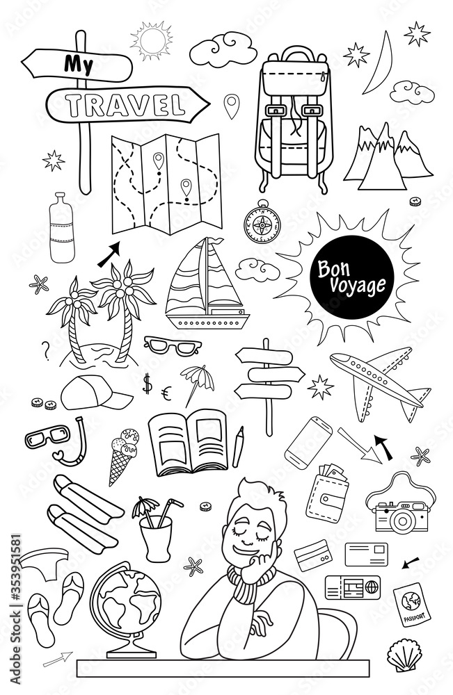 Bon voyage. Doodle set of vector linear travel doodles. Travel concept on a white background with a dreaming man sitting at a table. Nearby are many things, clothing, luggage, luggage - everything for