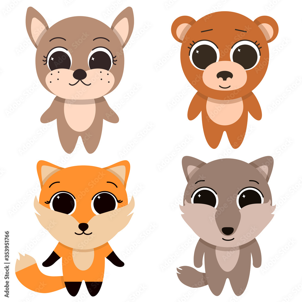 Fototapeta premium Forest animals rabbit, bear, Fox and wolf, on a white background.