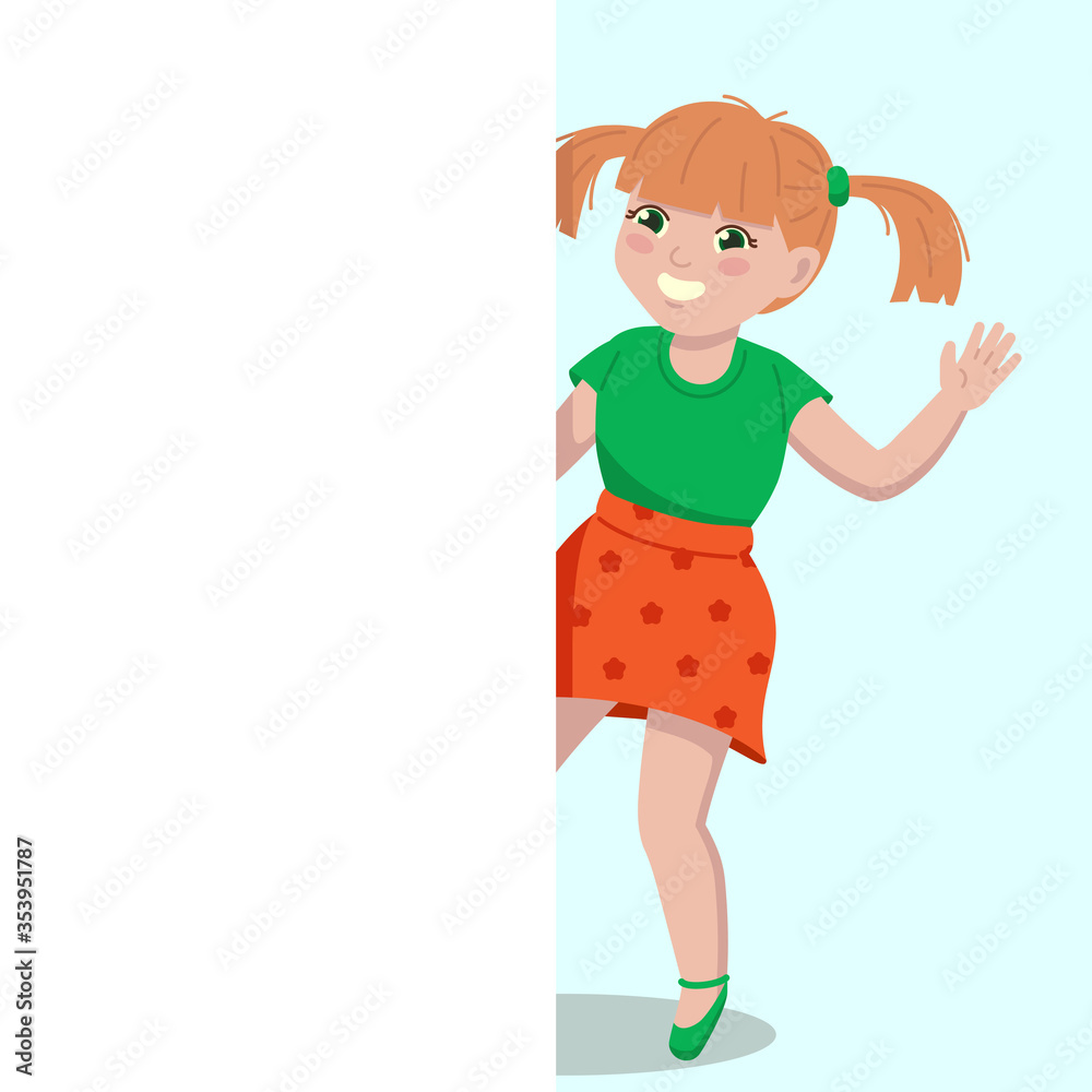 A cheerful little girl looks out from behind the wall. A cheerful little girl looks out from behind the wall.