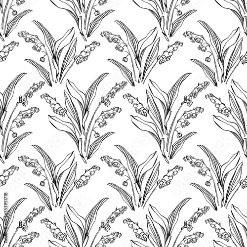 Vector botany lily of the valley repeat pattern, geometric elegant line art style with hand drawn outline on white background. Nature background. Surface pattern design.