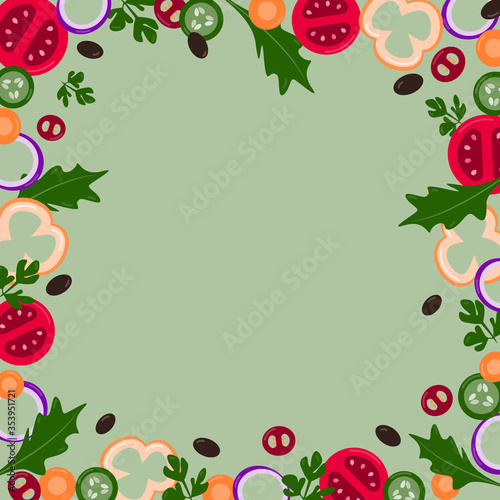 Sliced vegetables lie on the edge of the image and in the center of the free space.