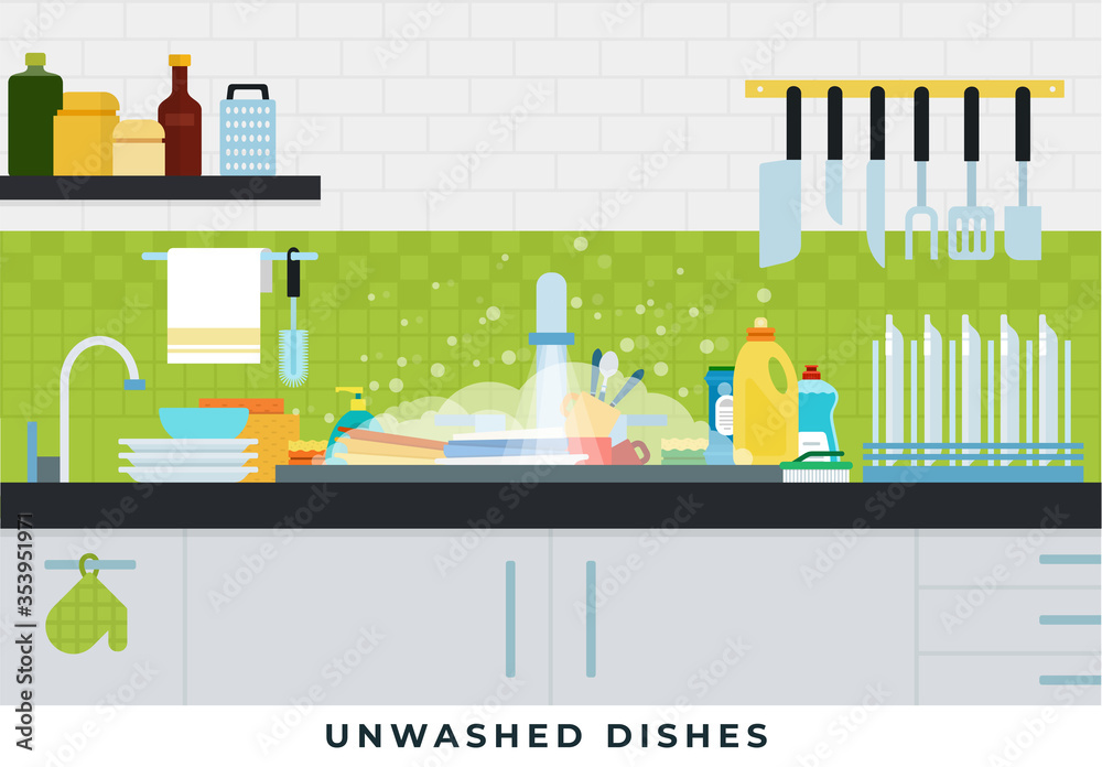 Unwashed dishes in the sink in the kitchen vector illustration in flat style.