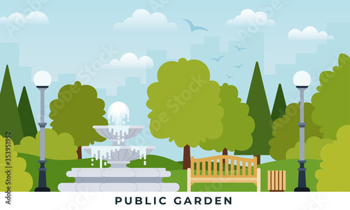 Urban public garden vector illustration in flat design.
