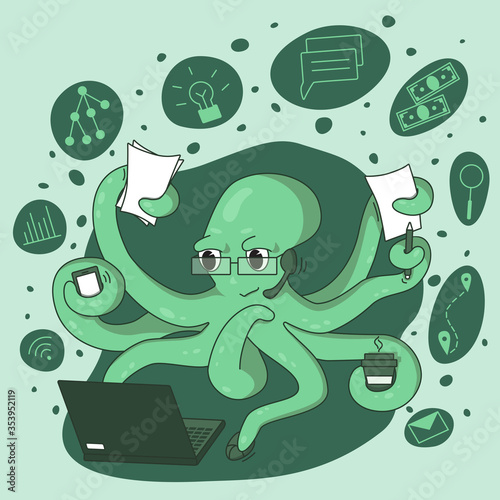 Octopus-businessman is actively working on a laptop.