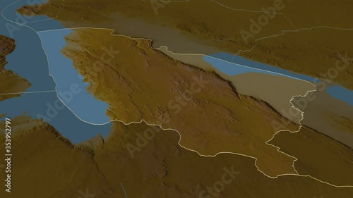 Rukwa, region with its capital, zoomed and extruded on the relief map of Tanzania in the conformal Stereographic projection. Animation 3D photo