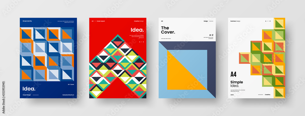 Company identity brochure template collection. Business presentation vector A4 vertical orientation front page mock up set. Corporate report cover abstract geometric illustration design layout bundle.