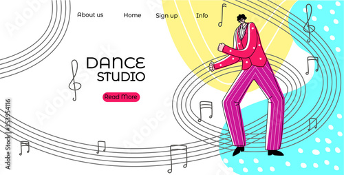 Vector flat illustration landing page layout, web design with dancing man on abstract background of notes and music. Concept dance studios, schools, clubs. There are menu buttons.