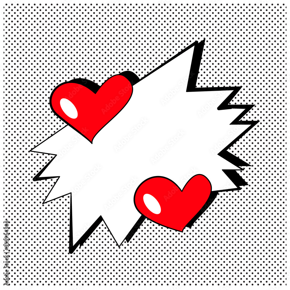 Comic bubble speech explosion with red hearts on pop art halftone background. Comic bubble speech explosion with red hearts on pop art halftone background.
