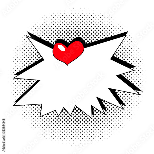 Pop art red heart, explosion, speech bubble on a halftone background. Comic book poster, print. Love.