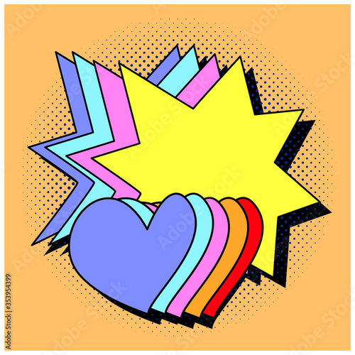 Pop art retro love, Valentine's Day wedding illustration. Colored hearts and flash explosion. Lgbt rainbow