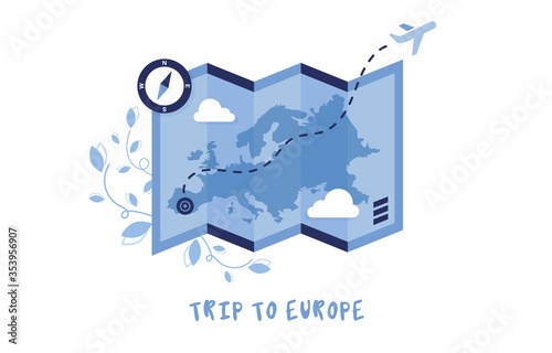Detailed vector illustration of a map with a compass. Traveling by plane. The territory of Europe. Flying airplane The clouds. Vacation planning. Trip to Europe. Time to travel. Blue and white. Eps 10
