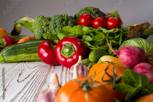 a crop of summer home vegetables from the market, place for text,