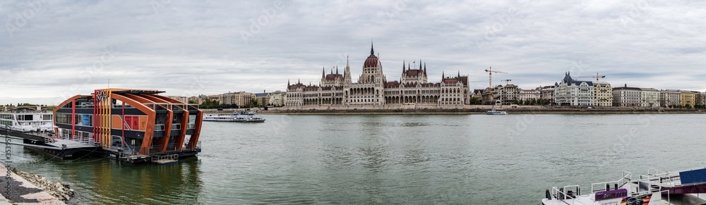Panoramic view of the Danube river from the Parliament as it passes through Budapest in the early morning, Hungary